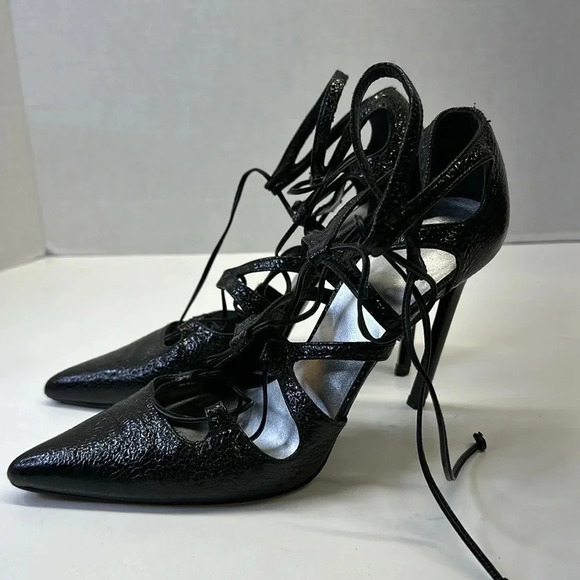 Stuart Weitzman Excite Pointy Toe Lace Up Pumps Heels Patent Leather Black  7 - Picture 1 of 9